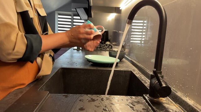 Lowangle Rinse Black Bowl At Sink, Coffee Lover Quickly Washing With Sponge And Running Water, Dark