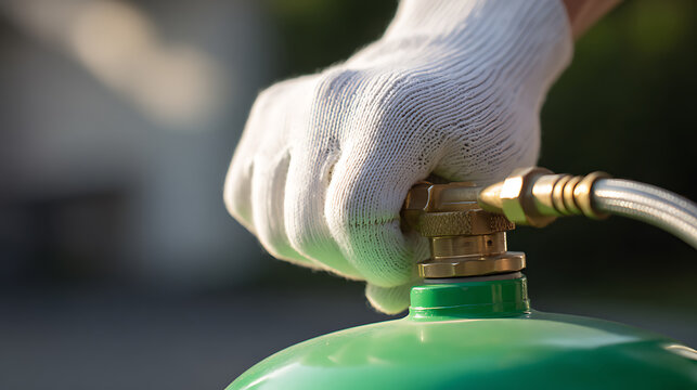 Gloved hand connect regulator to green gas cylinder, securing connection for outdoor appliance. Focus on safety and proper setup procedure