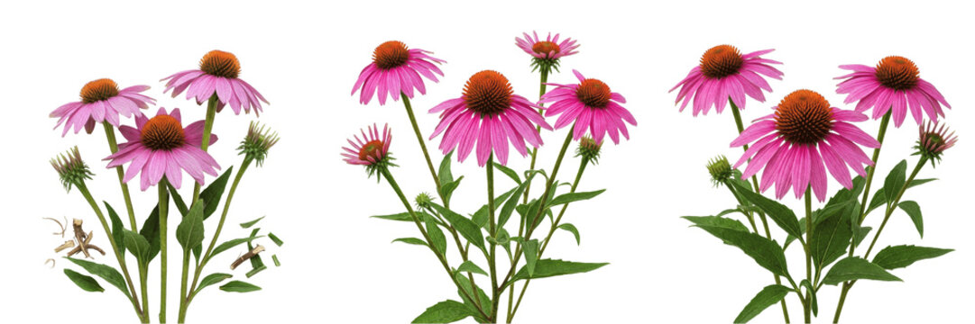 Set of Vibrant Pink Echinacea Flowers Isolated on White Background - Medicinal Botanical Herb for Natural Health Branding, Garden Design, and High-Resolution Nature Graphic Assets