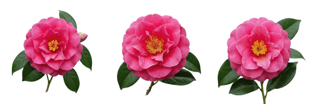 Set of Vibrant Magenta Pink Camellia Flowers Isolated on White Background; Beautiful Winter-Blooming Camellia Japonica Blossoms with Deep Green Glossy Leaves, Floral Design Elements for Botanical Illu