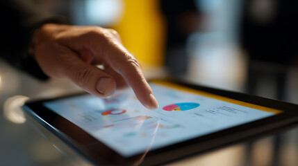 Close-up of a hand interact with a digital tablet displaying vibrant pie charts; a concept for business, technology, and data analysis