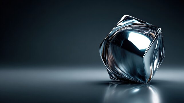 A geometric blob changes shape from sphere to cube while reflecting a studio background in a dark environment with shiny surfaces.