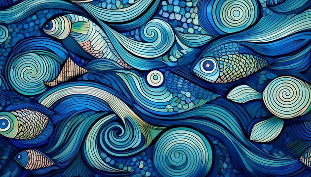blue mosaic nord fish seamless pattern