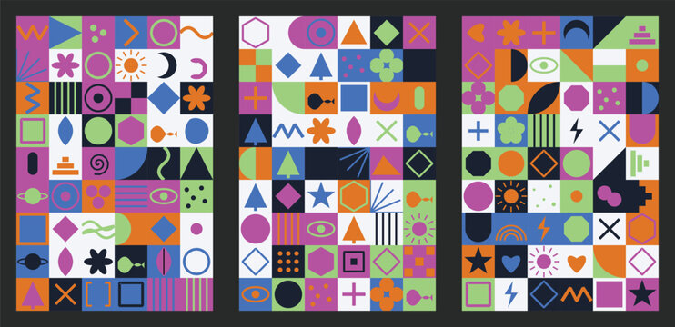 Set of three abstract geometric patterns with various shapes and symbols in vibrant colors on a dark background