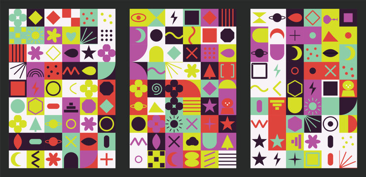 Abstract geometric pattern poster set with colorful shapes and icons in bauhaus style