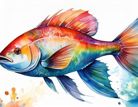fish flock isolated on white background watercolor hand drawn i