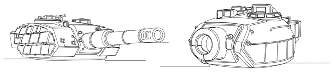 Modern Battle Tank Turret Continuous Line Art, Military Armored Vehicle Defense Technology Minimalist Vector © ----WWWLINE----