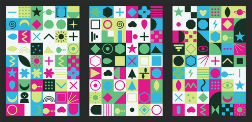Obraz premium Neon geometric pattern collection with vibrant abstract shapes and symbols