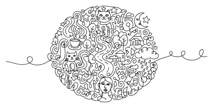 Abstract Life Doodles in Circle Shape Continuous Line Art, Mind Map Concept with Cat Coffee Nature Face and Music Minimalist Vector