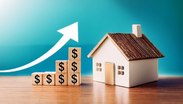 a small white house with a brown roof and a row of wooden blocks with dollar signs and arrows pointing up indicating increasing property value