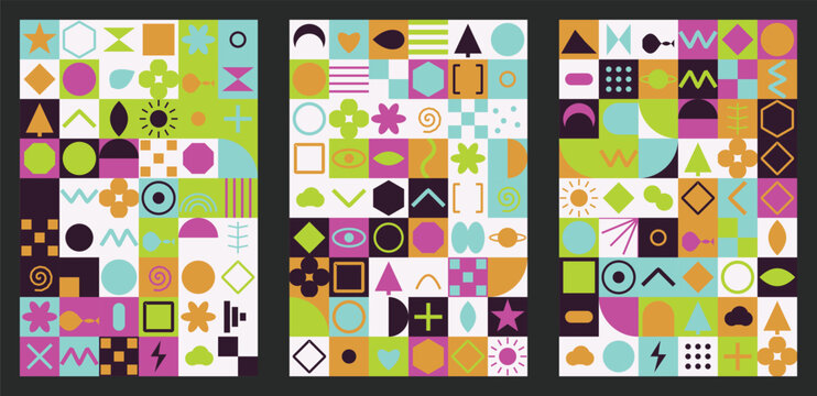 Abstract bauhaus geometric pattern background with colorful shapes and symbols