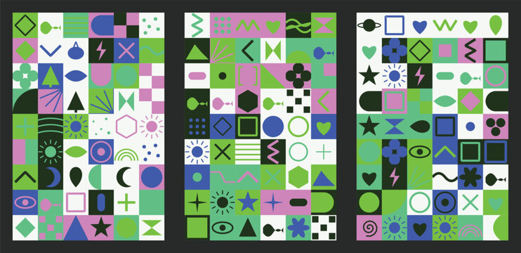 Modern abstract geometric backgrounds with green blue and purple shapes, minimalist vector pattern set