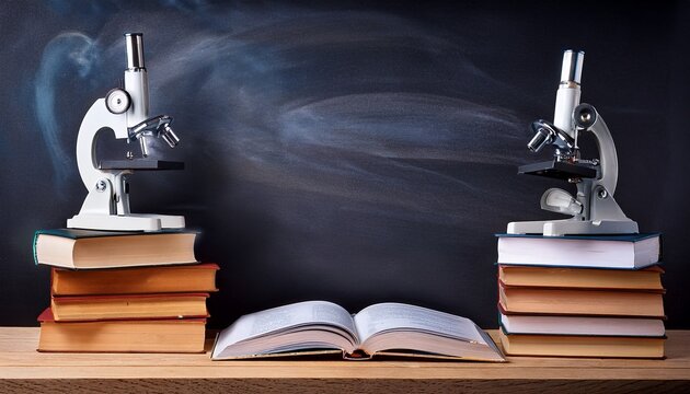 back to school books and microscope on the desk education concept blackboard background