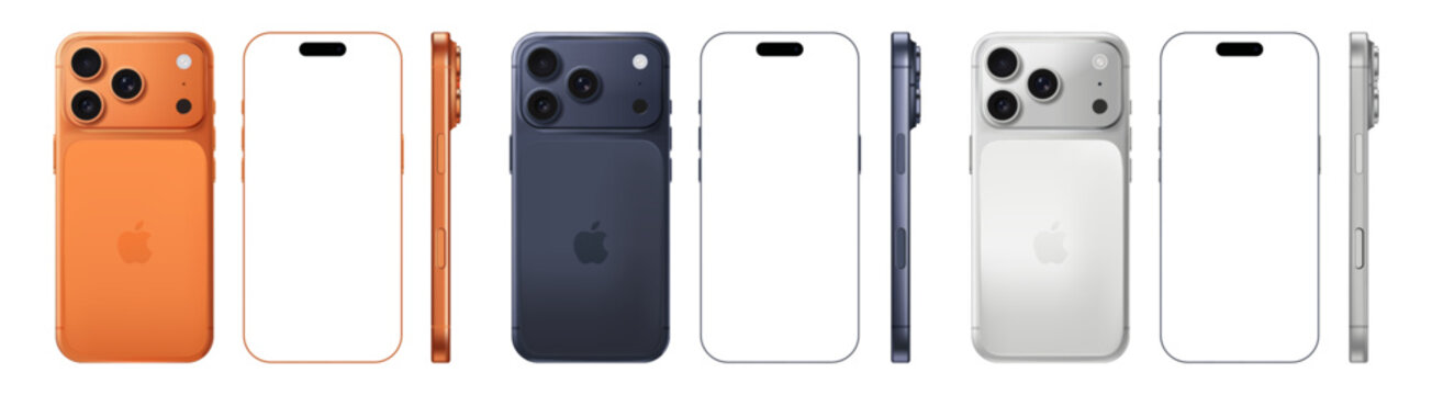 Set of Apple iPhone 17 Pro, iPhone 17 Pro Max  devices with empty screen, on transparent background, vector illustration. The iPhone 17 is smartphone developed by Apple Inc.