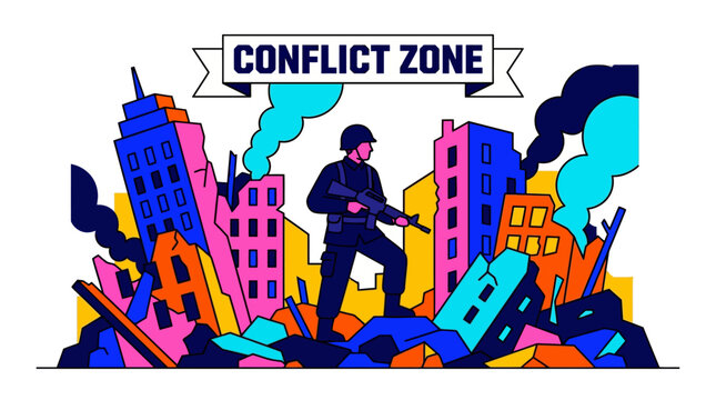 Soldier in War-Torn Cityscape, Conflict Zone Illustration