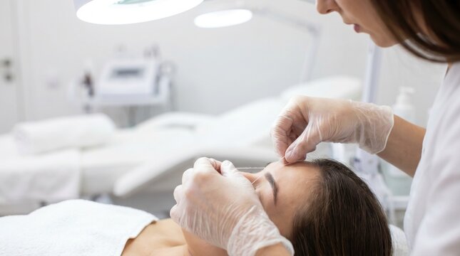Beautician wearing gloves performing a traditional eyebrow threading hair removal treatment on a female client