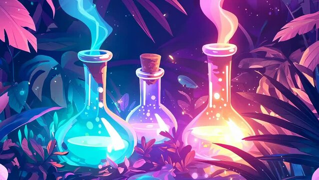 Glowing laboratory flask with magical chemical liquid standing in nature. Science experiment concept with neon smoke. Fantasy elixir in glass bottle for research.