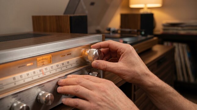 Man's hands focused while adjusting knobs on a vintage silver stereo receiver in a cozy dimly lit room

