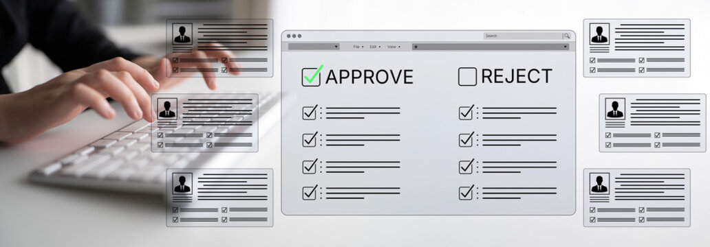 Digital Screen Interface for Approving or Rejecting Applications with Checkboxes and User Profiles on a Modern Keyboard Background. Bitwise.