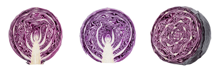 Fototapeta premium Cross-Section Slices of Fresh Purple Cabbage Isolated on White Background - Vibrant Raw Vegetable for Healthy Salad Recipes, Vegan Nutrition, and Agricultural Product Design Assets