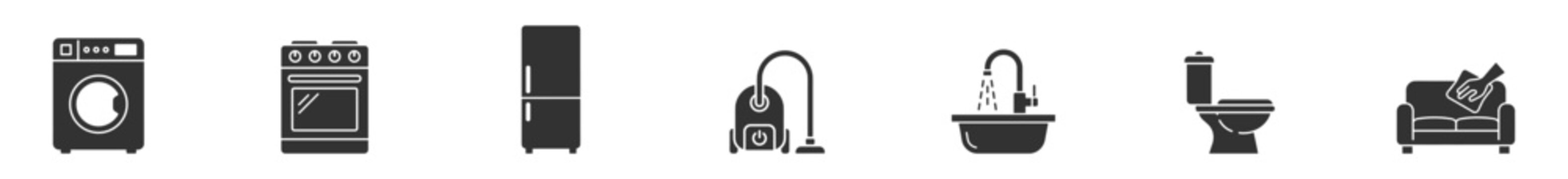 household appliances and furniture icons set with washing machine oven refrigerator vacuum cleaner sink toilet and sofa cleaning on transparent background