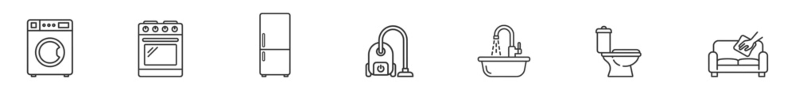 home appliance line icons including washing machine stove refrigerator vacuum cleaner sink toilet and sofa on transparent background
