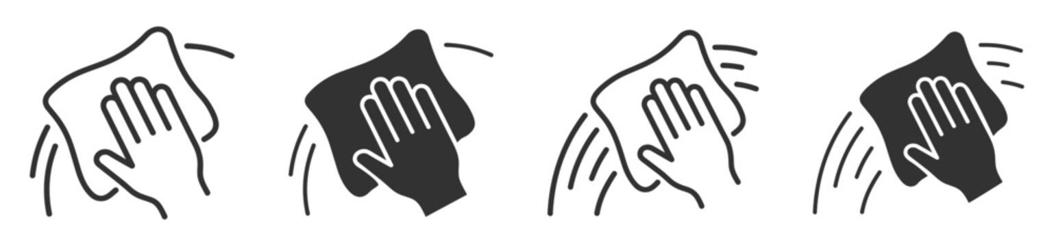 Hand wiping with cloth icon set, cleaning and sanitizing symbol illustrations on transparent background