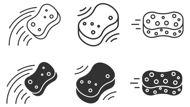 Cleaning sponge icons vector set with motion lines, household cleaning tools illustration on transparent background