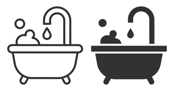 bathtub icon set with faucet and water drop with bubbles on transparent background