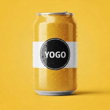 Cold yellow metal soda can with yogo label on a matching background