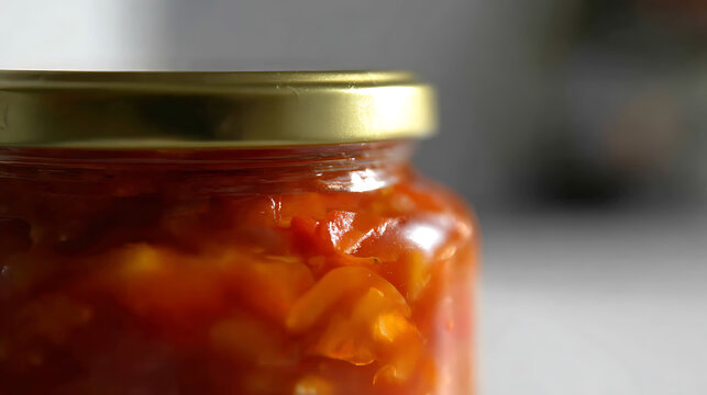 Close Up View of a Preserved Vegetable Mixture in a Glass Jar with a Golden Lid, Focus on Freshness, Healthy Food Concept