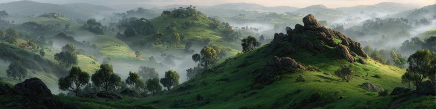 Misty hills with lush greenery and rocky outcrops
