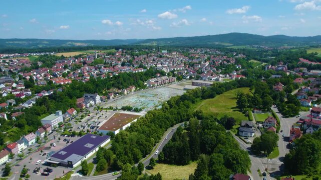 Aerial view of the city Backnang in Germany on a sunny day in spring.