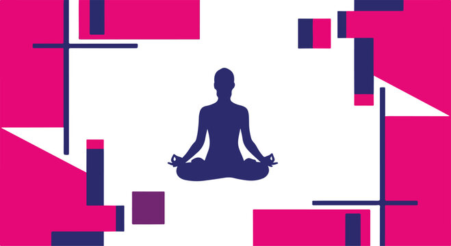 Silhouette of a person practicing meditation in a seated yoga pose with abstract geometric background for relaxation