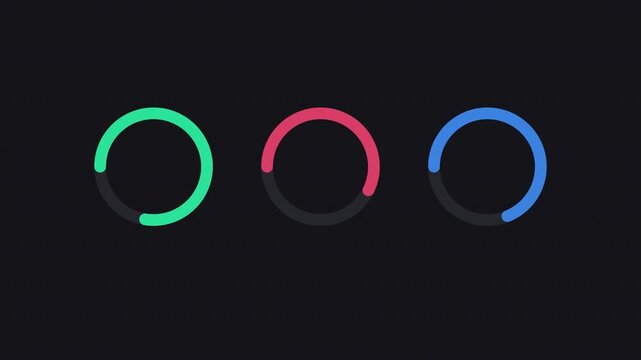 Minimalist animated three colorful circular loading progress rings indicator on dark background