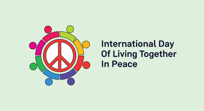 International Day of Living Together in Peace celebration poster with colorful peace symbol and diverse human figures