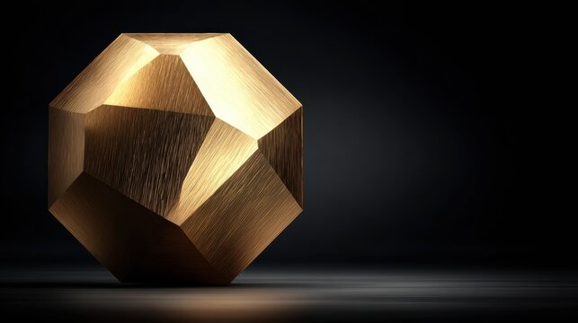 A metallic gold dodecahedron with a brushed matte texture sits in a warm spotlight, casting long shadows on a black surface, evoking luxury design.
