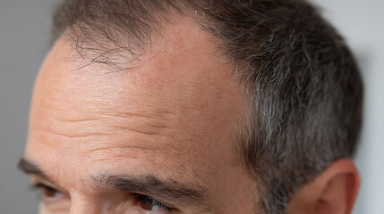 Obraz premium Close-up of a mature man's forehead and scalp with visible hair loss and receding hairline, showing skin texture and slight wrinkles