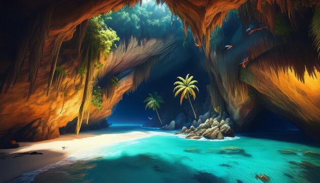 pirates hideout cave on caribbean island