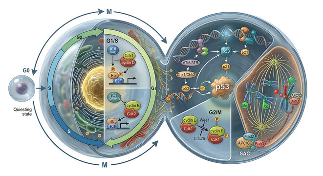 Intricate 3D Scientific Cross-Section of Cell Cycle Arrest Mechanisms Isolated on White
