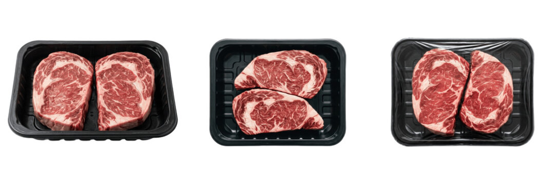 Set and collection of fresh raw ribeye beef steaks in black tray isolated on white background