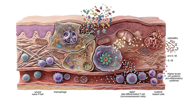 3D Cross-Section of Inflammaging and Cellular Senescence Mechanisms in Human Tissue