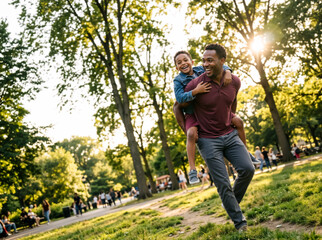 Obraz premium Happy Black father giving son a piggyback ride in the park. African American dad and child playing outdoors. Father's Day and family bonding concept. Summer fun in the sun