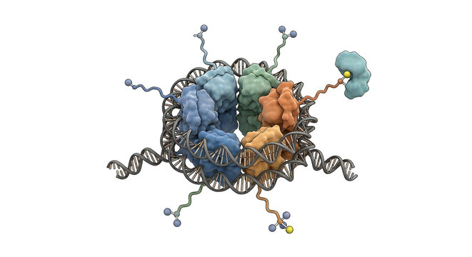 Detailed 3D Scientific Render of Histone Methylation and Epigenetic DNA Regulation Isolated on White