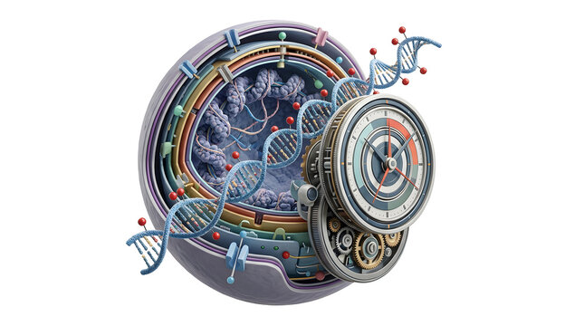 Detailed 3D Scientific Render of an Epigenetic Clock Concept with DNA Structure and Cellular Cross-Section