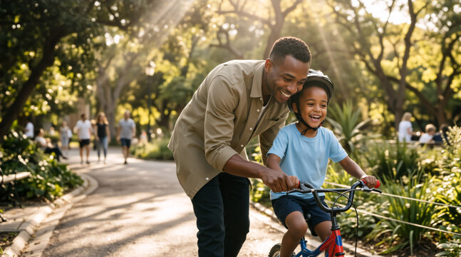 Black father teaching his young son to ride a bicycle in a sunny park. Happy African American man helping boy on bike. Fatherhood and parenting concept. Outdoor family activity