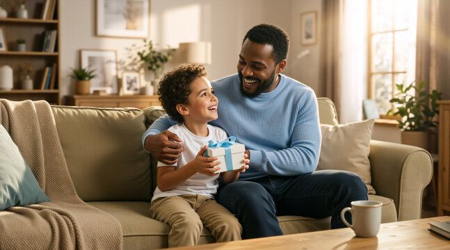 Black father and young son sitting on a sofa holding a gift box. Happy African American dad and mixed race boy celebrating Father's Day at home. Family bonding and giving present concept