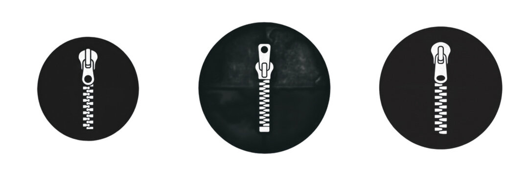 Set and collection of black zipper circle icon isolated on white background