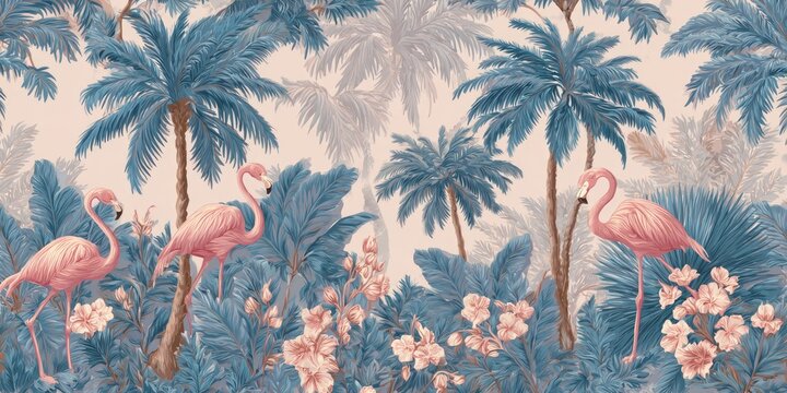 Pink flamingos and palm trees in a lush tropical garden