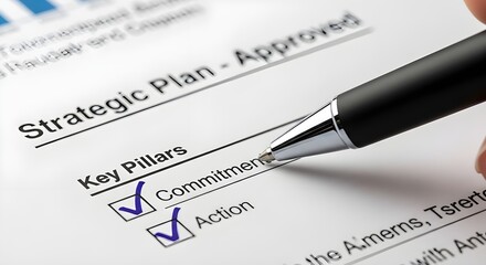 Obraz premium Hand holding pen over strategic plan document with checked boxes